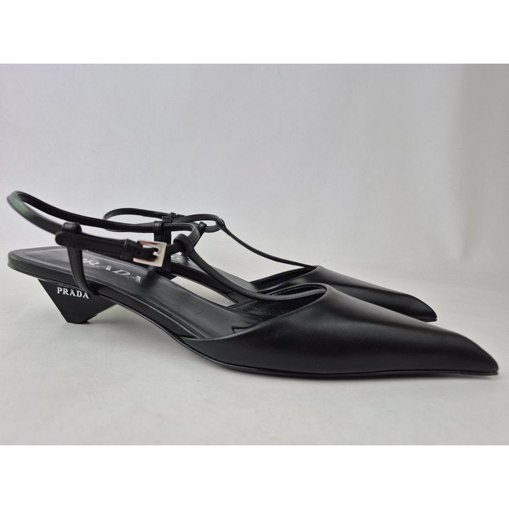 Prada Women's Black Kitten Logo Heel T-Strap Leather Pumps Size 39